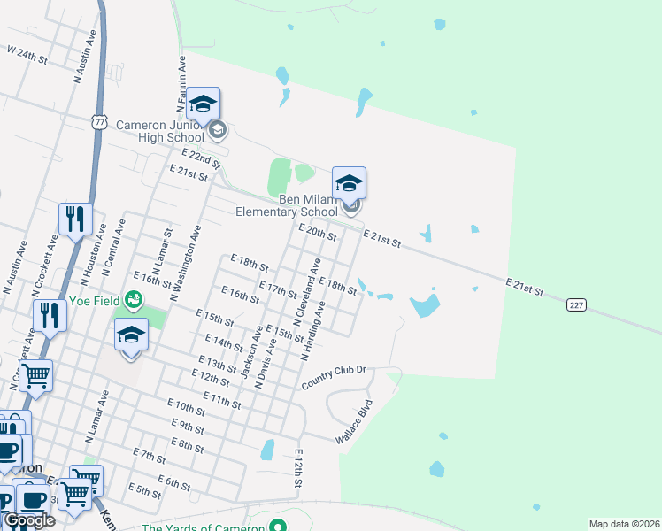 map of restaurants, bars, coffee shops, grocery stores, and more near 1801 North Harding Avenue in Cameron