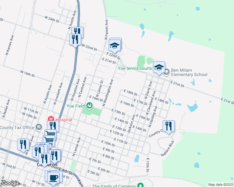 map of restaurants, bars, coffee shops, grocery stores, and more near 1610 North Burns Avenue in Cameron