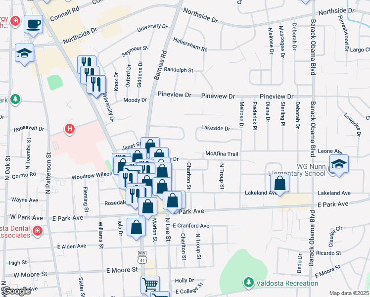 map of restaurants, bars, coffee shops, grocery stores, and more near 13 Pinedale Circle in Valdosta