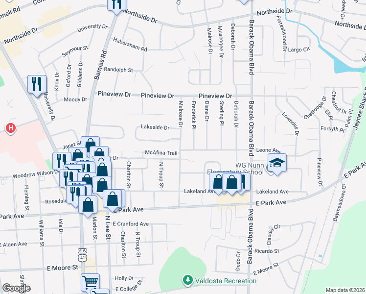 map of restaurants, bars, coffee shops, grocery stores, and more near 1100 Leone Avenue in Valdosta