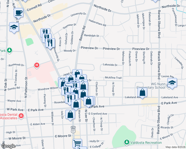 map of restaurants, bars, coffee shops, grocery stores, and more near 16 Pinedale Circle in Valdosta