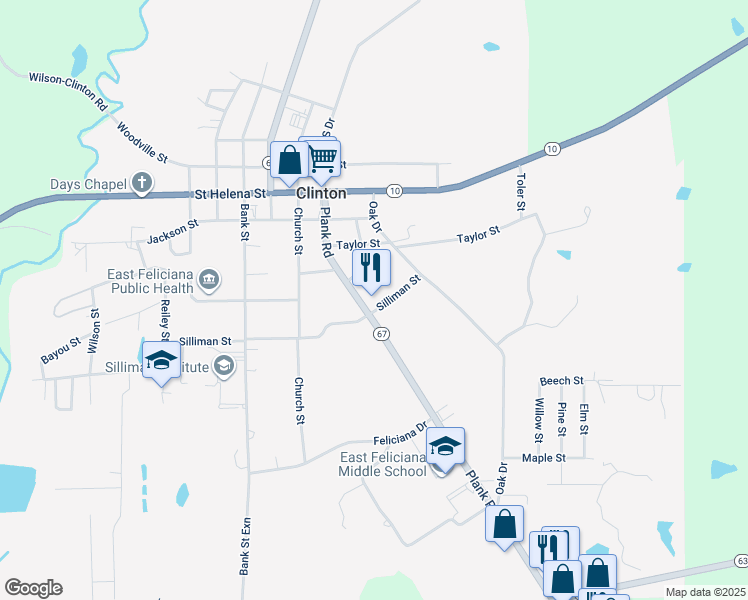 map of restaurants, bars, coffee shops, grocery stores, and more near 10907 Plank Road in Clinton