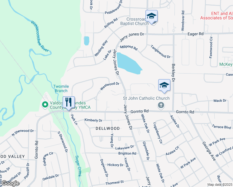 map of restaurants, bars, coffee shops, grocery stores, and more near 2502 Jerry Jones Drive in Valdosta