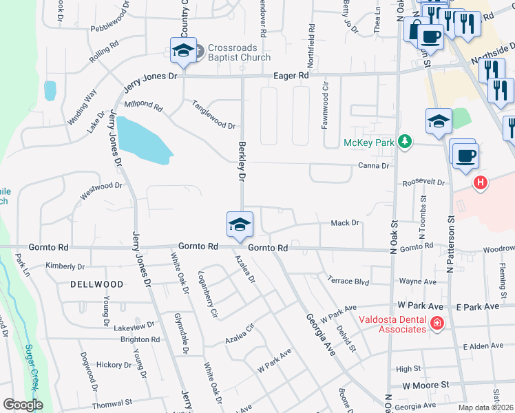 map of restaurants, bars, coffee shops, grocery stores, and more near 600 Howell Brook Drive in Valdosta