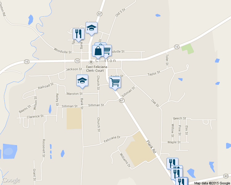 map of restaurants, bars, coffee shops, grocery stores, and more near 9201 Louisiana 67 in Clinton