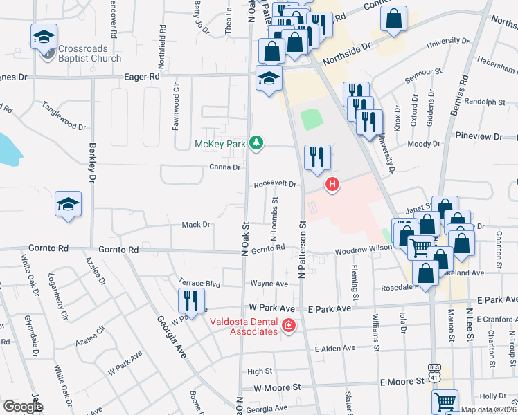 map of restaurants, bars, coffee shops, grocery stores, and more near 2506 Churchill Drive in Valdosta