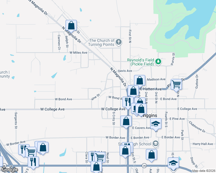map of restaurants, bars, coffee shops, grocery stores, and more near 332 Vine Street in Wiggins