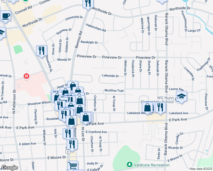 map of restaurants, bars, coffee shops, grocery stores, and more near 942 Lakeside Drive in Valdosta