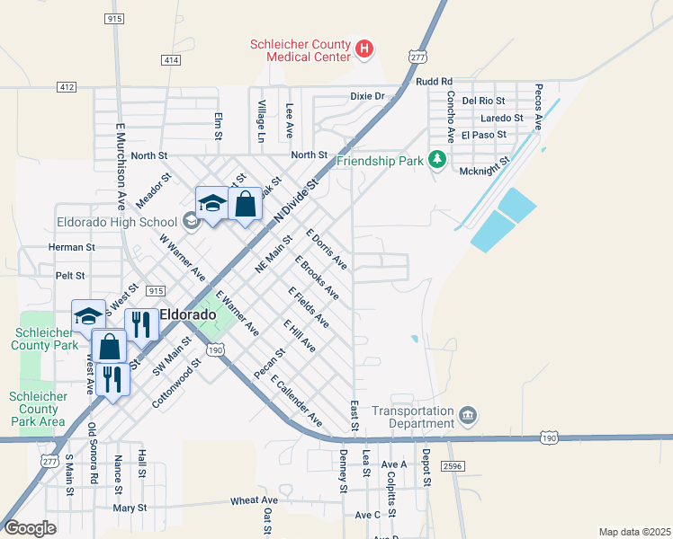 map of restaurants, bars, coffee shops, grocery stores, and more near 103 East Dorris Avenue in Eldorado