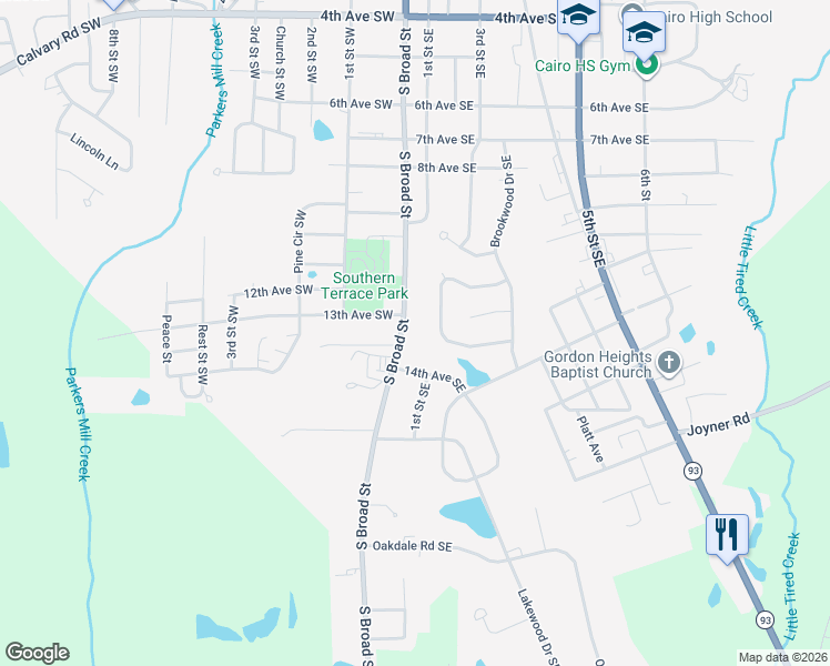 map of restaurants, bars, coffee shops, grocery stores, and more near 1320 South Broad Street in Cairo