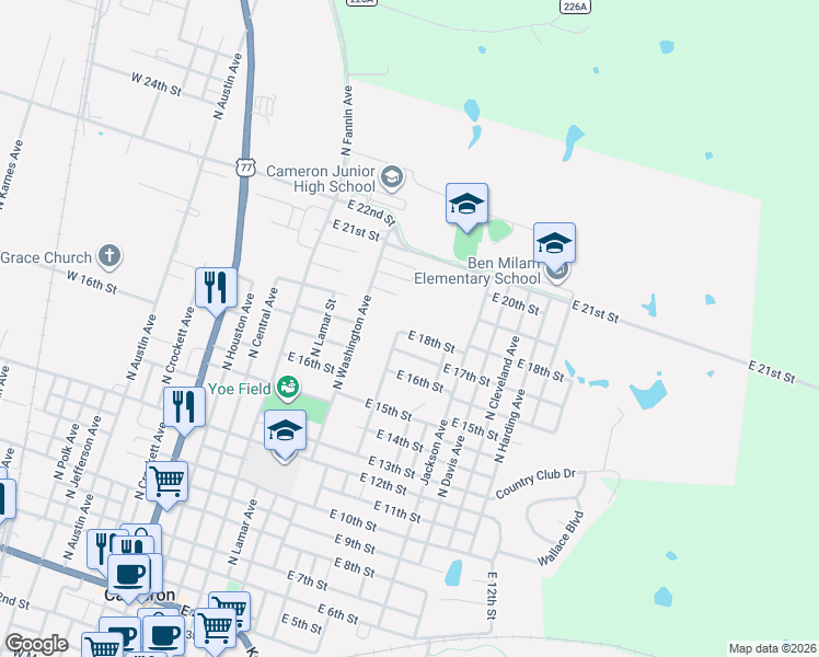 map of restaurants, bars, coffee shops, grocery stores, and more near 702 East 18th Street in Cameron