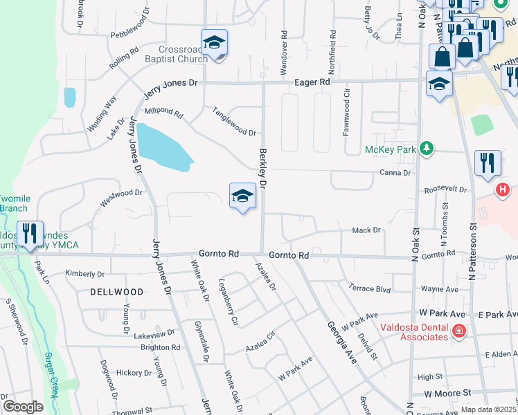 map of restaurants, bars, coffee shops, grocery stores, and more near 2502 Berkley Drive in Valdosta