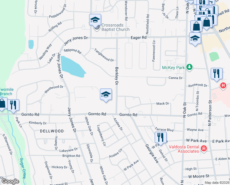 map of restaurants, bars, coffee shops, grocery stores, and more near 2502 Berkley Drive in Valdosta