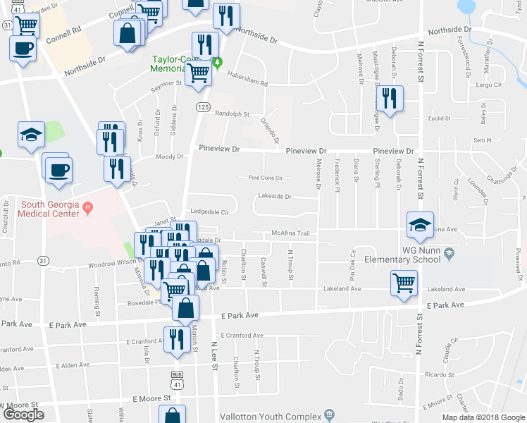 map of restaurants, bars, coffee shops, grocery stores, and more near 942 Lakeside Drive in Valdosta