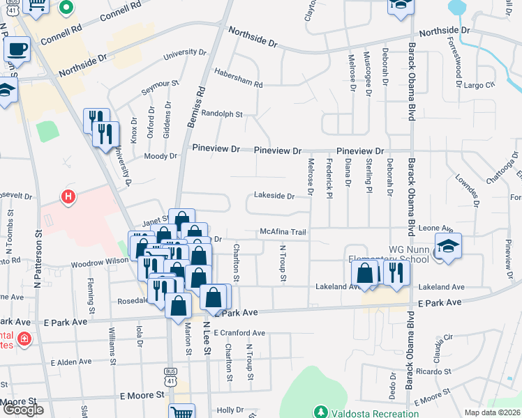 map of restaurants, bars, coffee shops, grocery stores, and more near 942 Lakeside Drive in Valdosta
