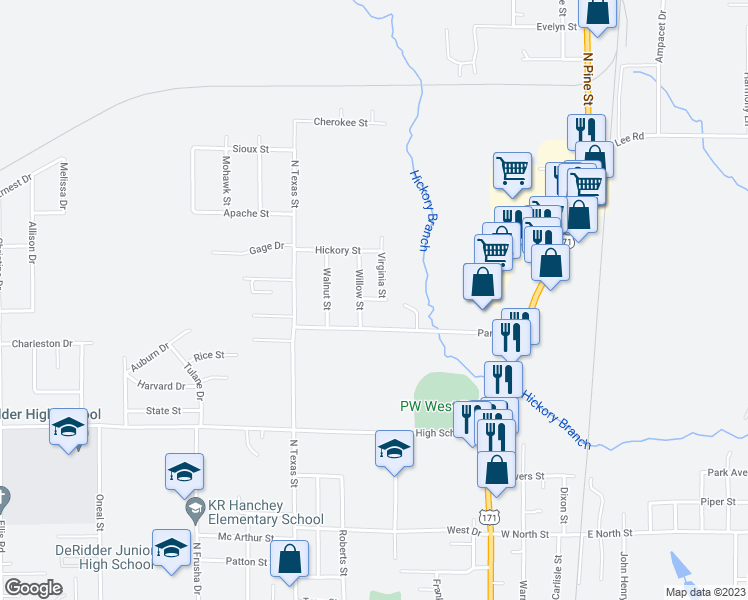 map of restaurants, bars, coffee shops, grocery stores, and more near 701 Barbara Street in DeRidder