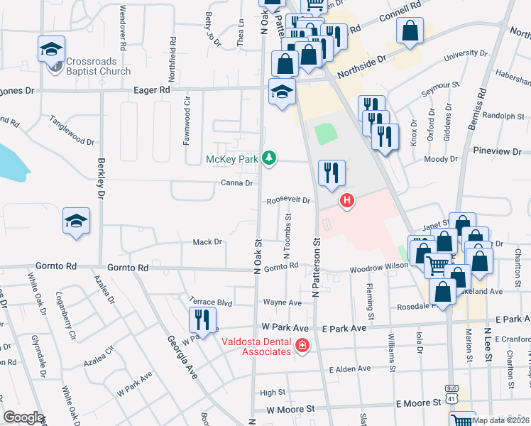 map of restaurants, bars, coffee shops, grocery stores, and more near 2513 North Oak Street in Valdosta