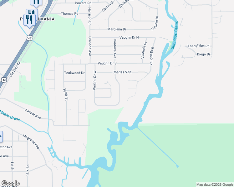 map of restaurants, bars, coffee shops, grocery stores, and more near 5751-5833 Cordova Ave in Satsuma