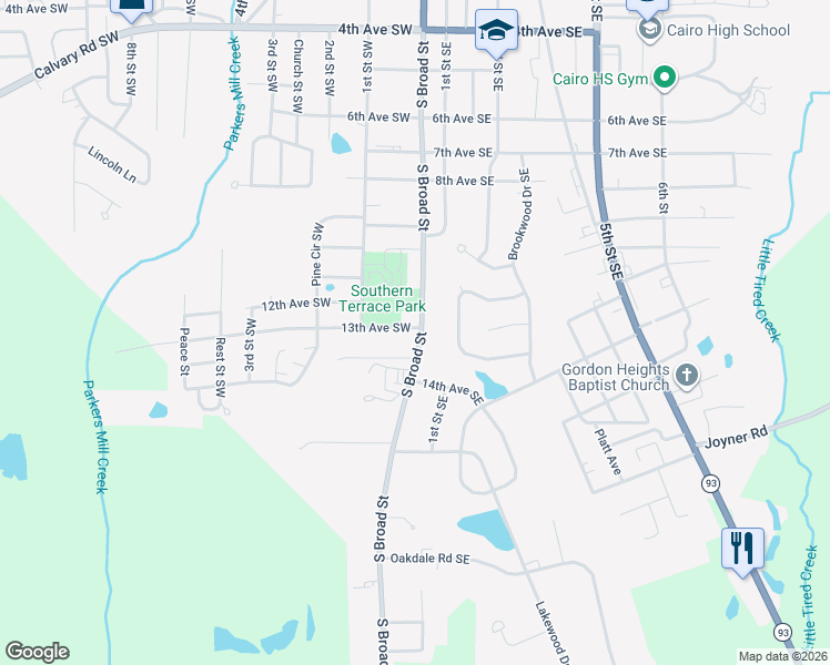 map of restaurants, bars, coffee shops, grocery stores, and more near 1320 South Broad Street in Cairo