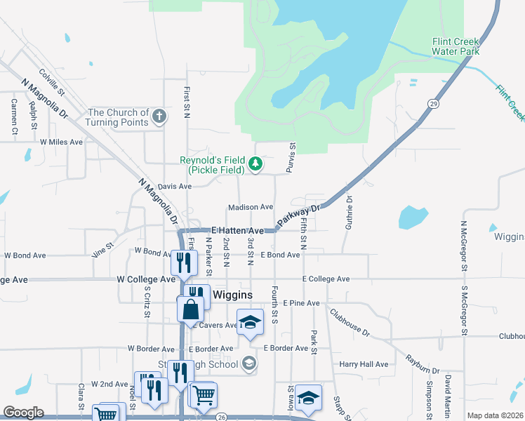 map of restaurants, bars, coffee shops, grocery stores, and more near 324 Fourth Street North in Wiggins