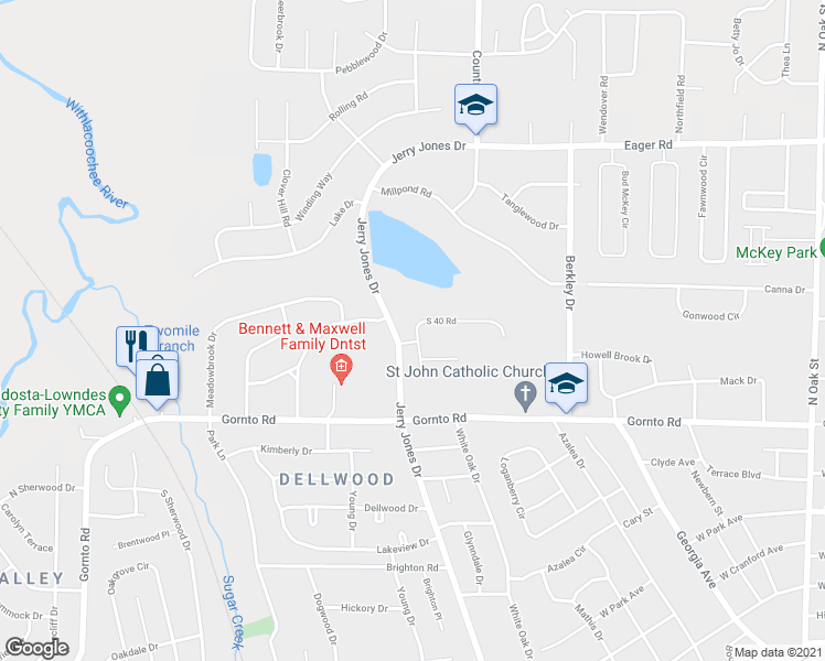 map of restaurants, bars, coffee shops, grocery stores, and more near 2445 South 40 Road in Valdosta