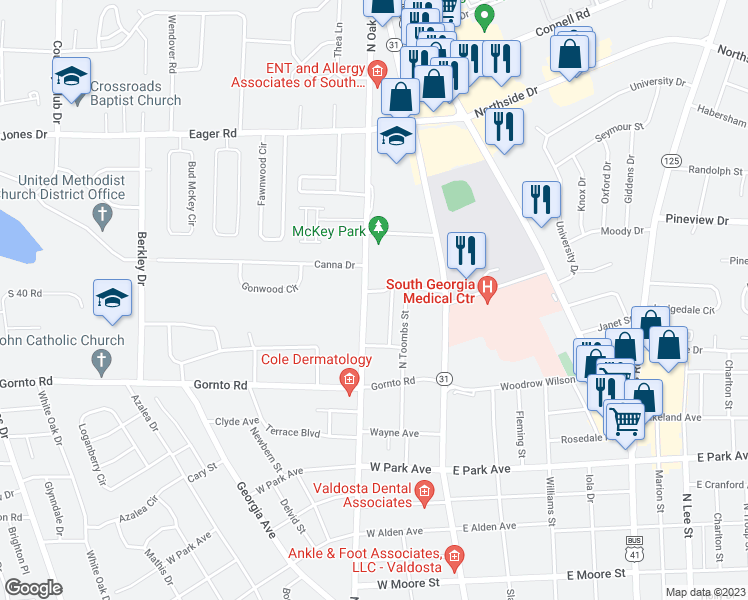 map of restaurants, bars, coffee shops, grocery stores, and more near 305 Roosevelt Drive in Valdosta