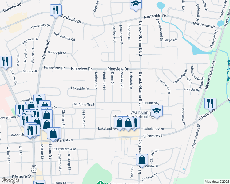 map of restaurants, bars, coffee shops, grocery stores, and more near 2309 Diana Drive in Valdosta