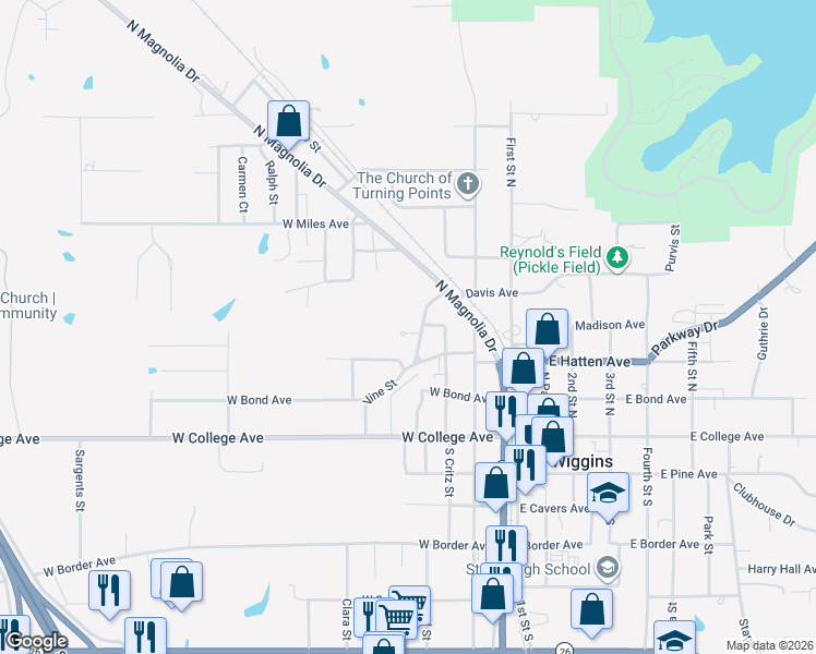 map of restaurants, bars, coffee shops, grocery stores, and more near 332 Vine Street in Wiggins