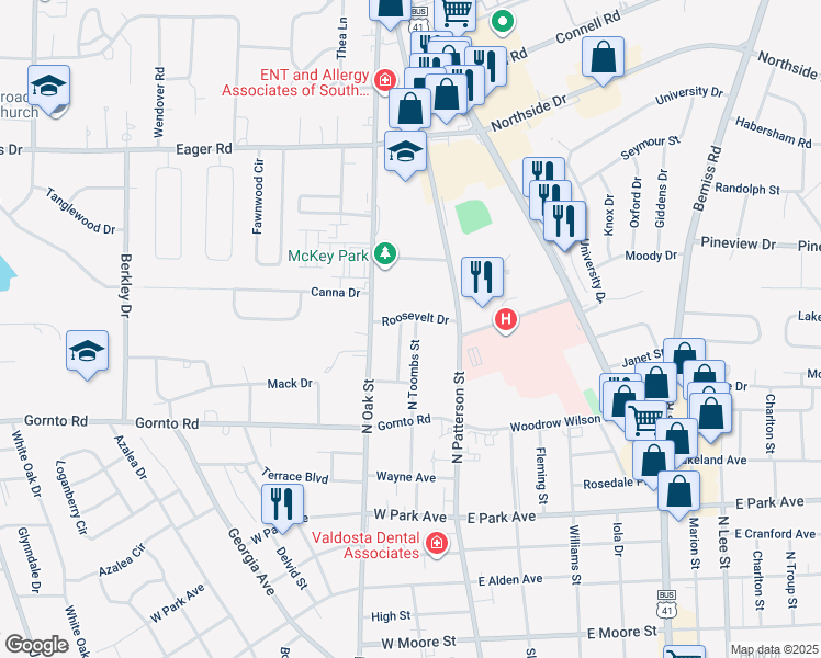 map of restaurants, bars, coffee shops, grocery stores, and more near 2517 Churchill Drive in Valdosta