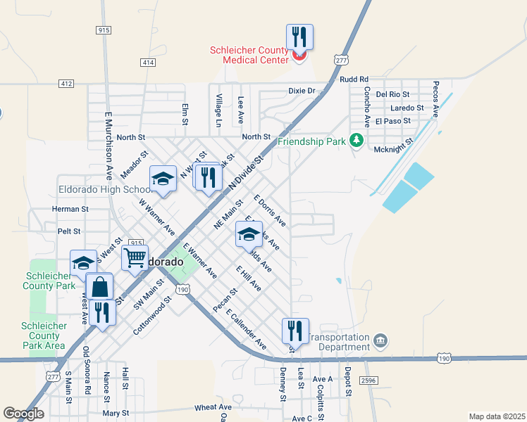 map of restaurants, bars, coffee shops, grocery stores, and more near 103 East Dorris Avenue in Eldorado