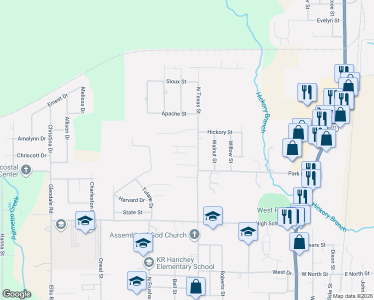 map of restaurants, bars, coffee shops, grocery stores, and more near 1005 Alice Street in DeRidder