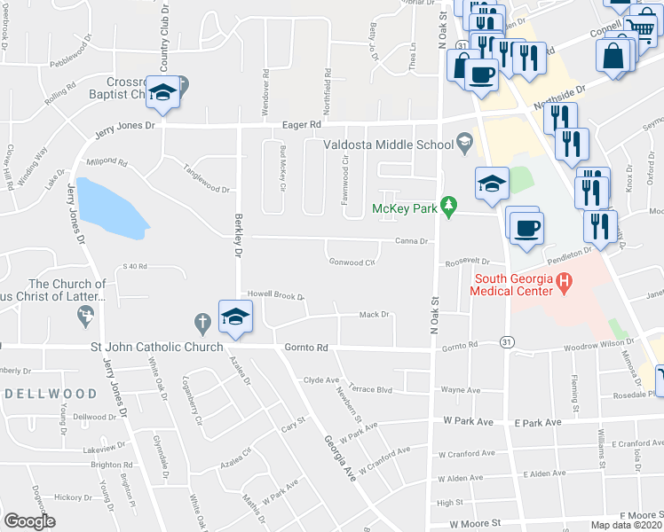 map of restaurants, bars, coffee shops, grocery stores, and more near 343 Gonwood Circle in Valdosta