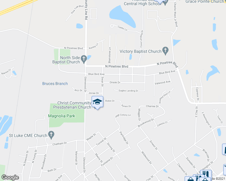 map of restaurants, bars, coffee shops, grocery stores, and more near 137 Eagles Landing Drive in Thomasville