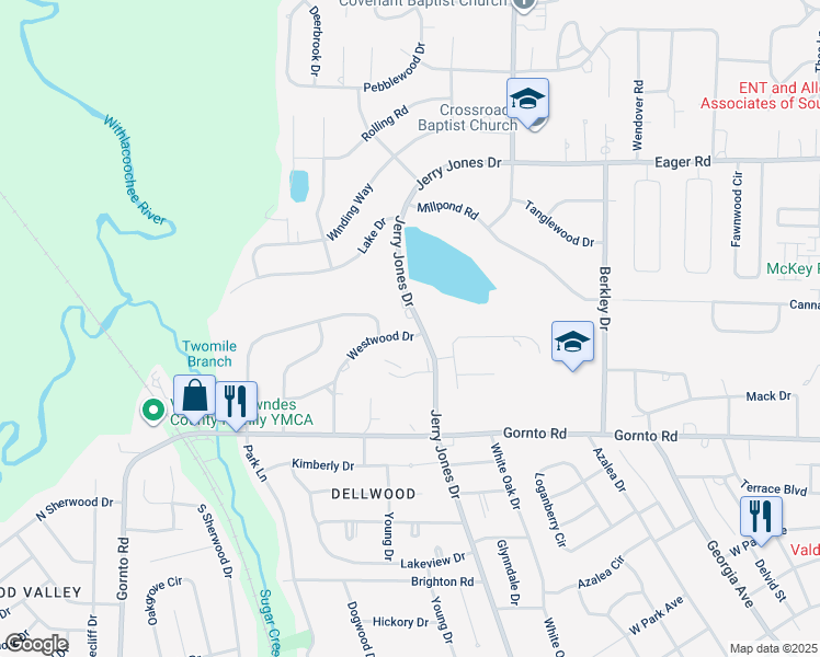 map of restaurants, bars, coffee shops, grocery stores, and more near 2424 Westwood Drive in Valdosta