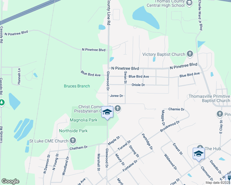 map of restaurants, bars, coffee shops, grocery stores, and more near 1006 Oriole Drive in Thomasville