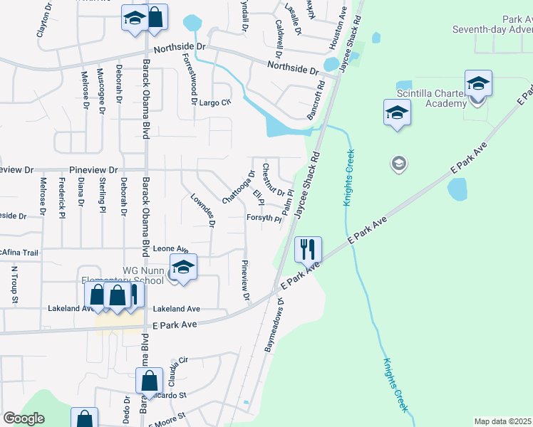 map of restaurants, bars, coffee shops, grocery stores, and more near 1739 Eli Place in Valdosta
