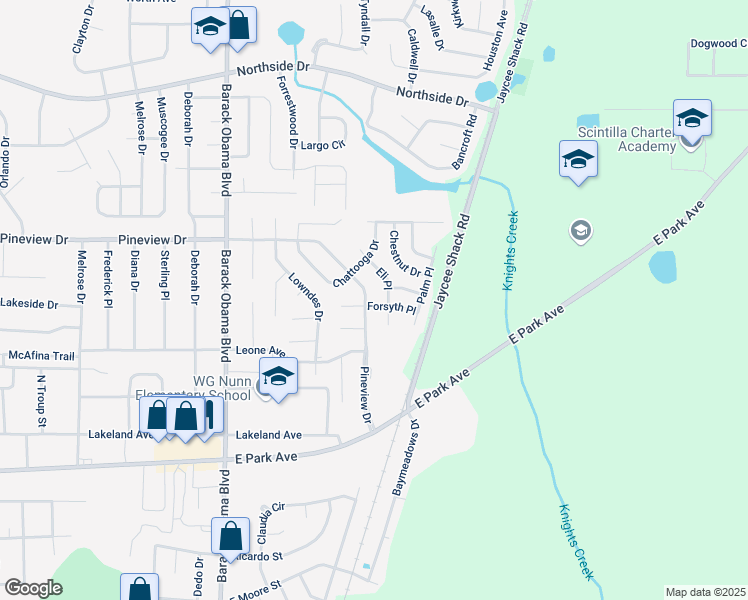 map of restaurants, bars, coffee shops, grocery stores, and more near 1739 Eli Place in Valdosta