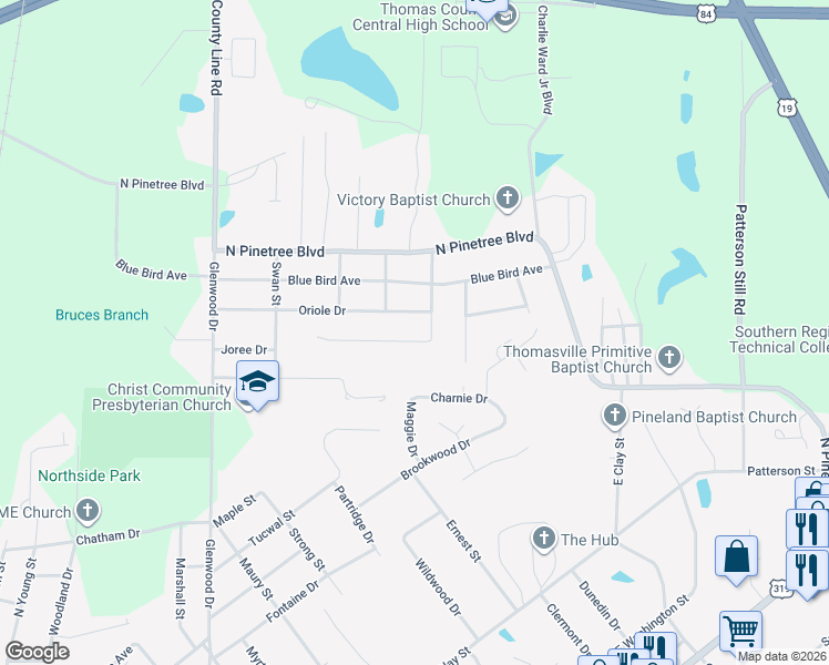 map of restaurants, bars, coffee shops, grocery stores, and more near 818 Turkey Trot Drive in Thomasville