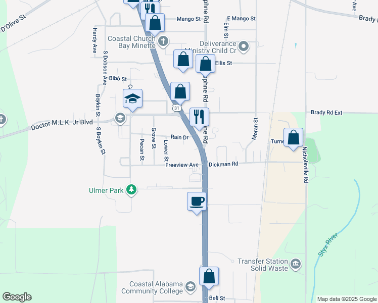 map of restaurants, bars, coffee shops, grocery stores, and more near 207 Rain Drive in Bay Minette