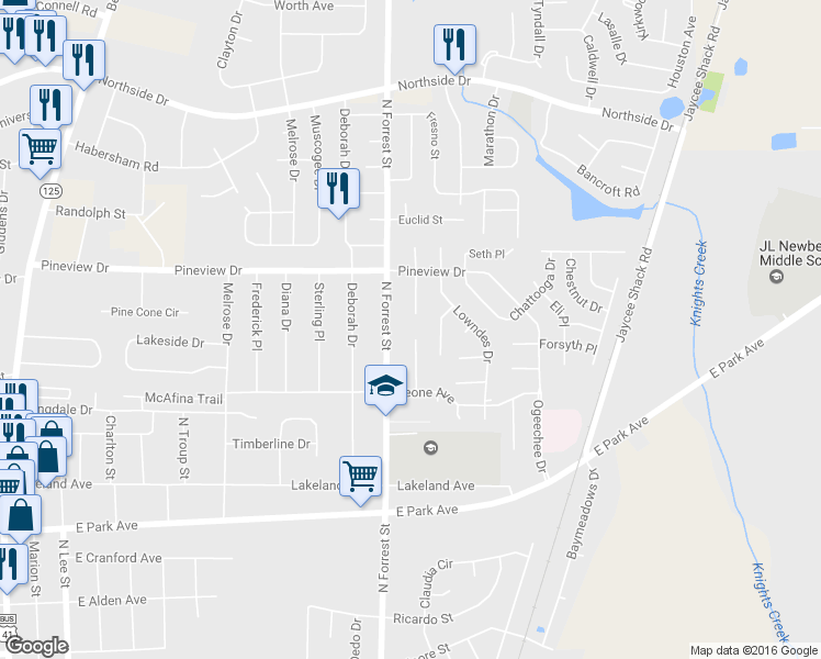 map of restaurants, bars, coffee shops, grocery stores, and more near 2316 Camden Circle in Valdosta