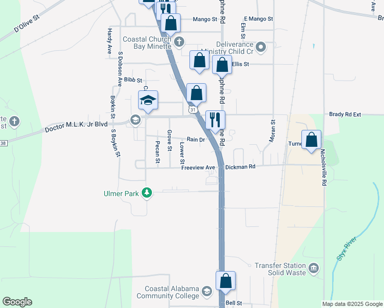 map of restaurants, bars, coffee shops, grocery stores, and more near 207 Rain Drive in Bay Minette