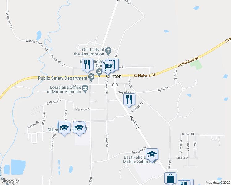 map of restaurants, bars, coffee shops, grocery stores, and more near Plank Rd & Taylor St in Clinton