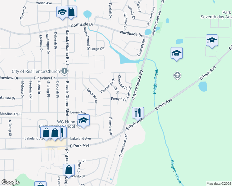 map of restaurants, bars, coffee shops, grocery stores, and more near 1743 Eli Place in Valdosta