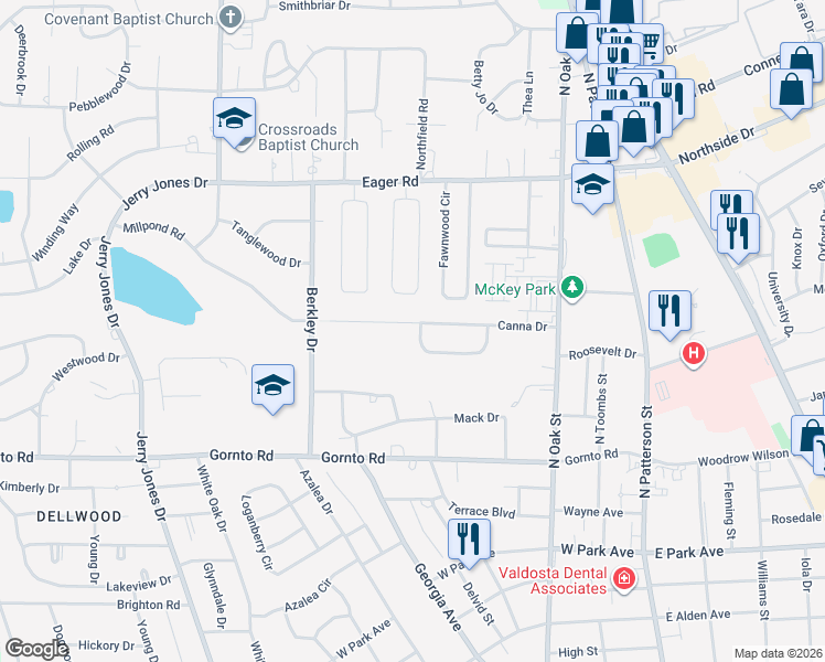 map of restaurants, bars, coffee shops, grocery stores, and more near 403 Canna Drive in Valdosta