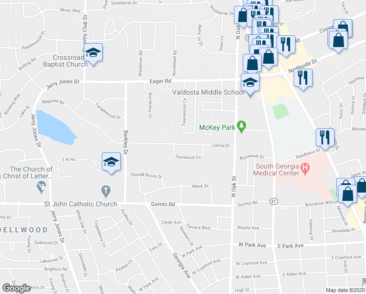 map of restaurants, bars, coffee shops, grocery stores, and more near 339 Canna Drive in Valdosta