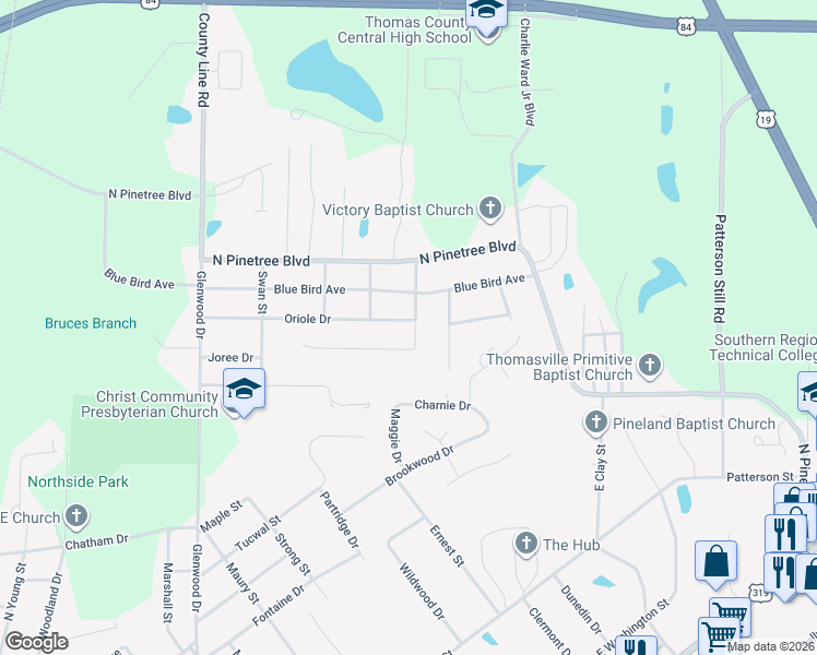map of restaurants, bars, coffee shops, grocery stores, and more near 818 Turkey Trot Drive in Thomasville