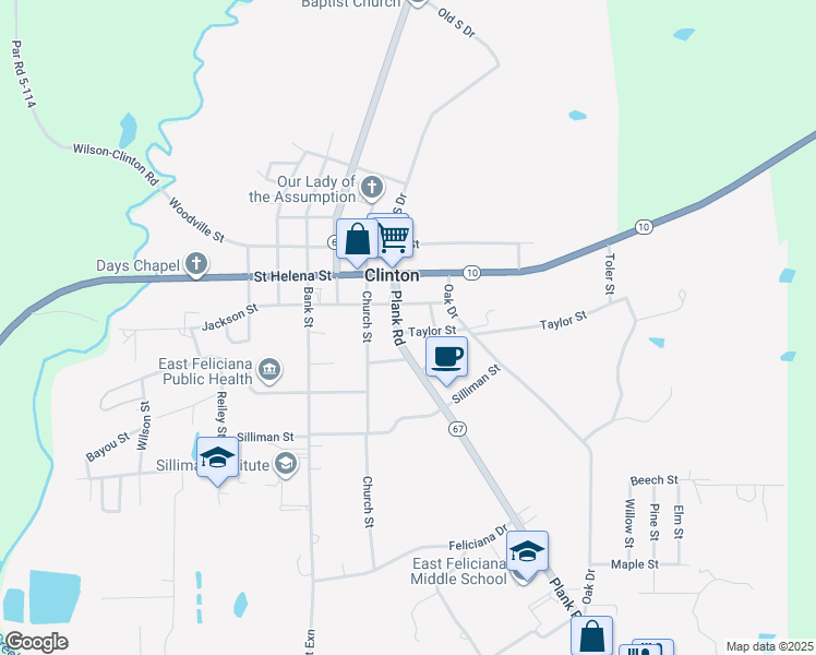 map of restaurants, bars, coffee shops, grocery stores, and more near 11143 Plank Road in Clinton