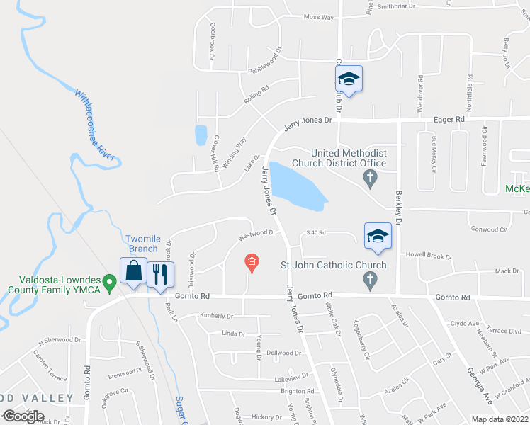 map of restaurants, bars, coffee shops, grocery stores, and more near 2506 Jerry Jones Drive in Valdosta