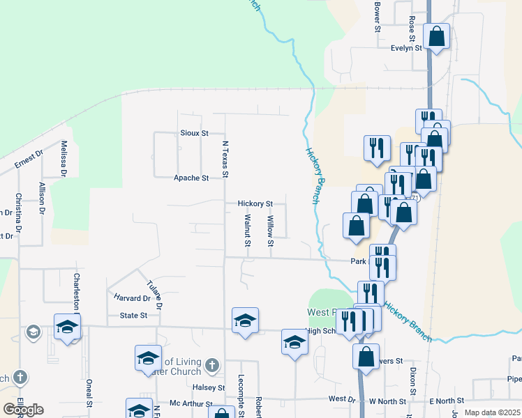 map of restaurants, bars, coffee shops, grocery stores, and more near 1129 Willow Street in DeRidder