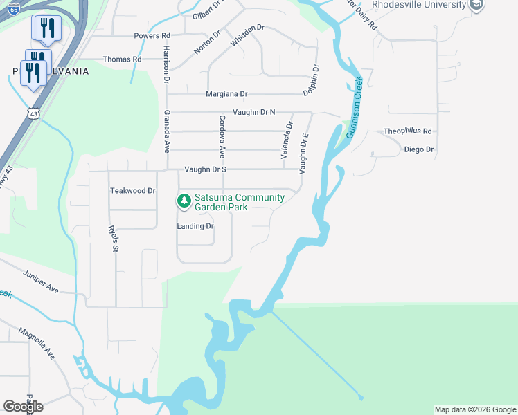 map of restaurants, bars, coffee shops, grocery stores, and more near 601 Vaughn Court in Satsuma